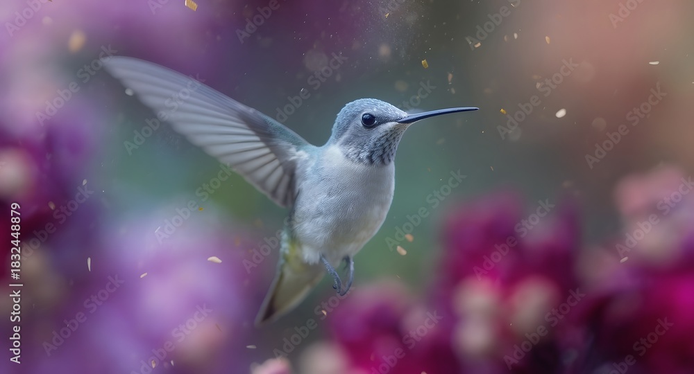 Obraz premium Hummingbird with iridescent feathers hovering in front of soft floral background