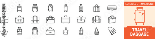 Set of travel baggage line icons. Luggage, trolley, suitcase sign.
