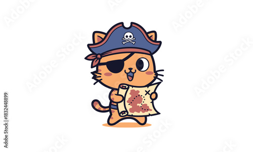 Cute orange cartoon cat pirate wearing hat and eye patch, holding a treasure map.