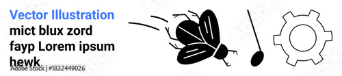 Flying insect with motion lines, adjacent music note, and gear symbol. Ideal for innovation, technology, music, workflow, mechanics, creativity simple landing page