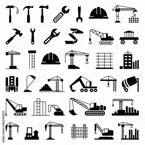 Construction equipment icon set with cranes helmets tools trucks and industrial symbols isolated on light background for engineering apps safety manuals infographics websites and builder services