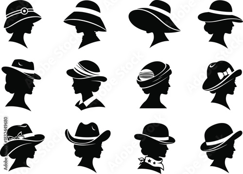 Black silhouette profiles of women wearing stylish vintage hats in various elegant designs for fashion, beauty, branding, and logo illustration.