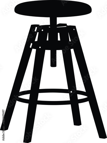 Black silhouette vector of modern bar stool with round seat, footrest, and angled legs for furniture, interior, logo, and design use.