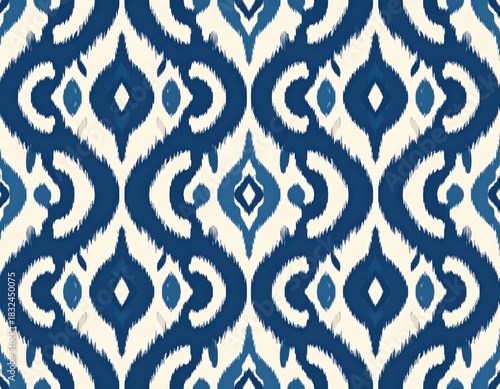 Blue and White Ikat Geometric Pattern
