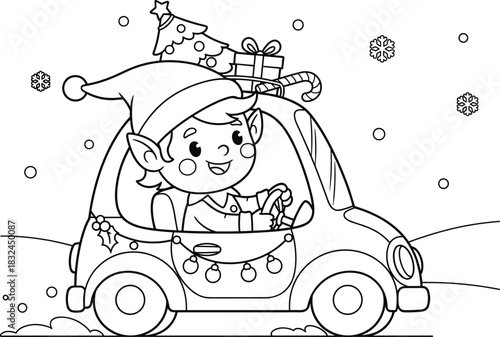 Cheerful elf driving decorated car with Christmas tree, candy cane, and gift through snowy landscape, black and white coloring page.