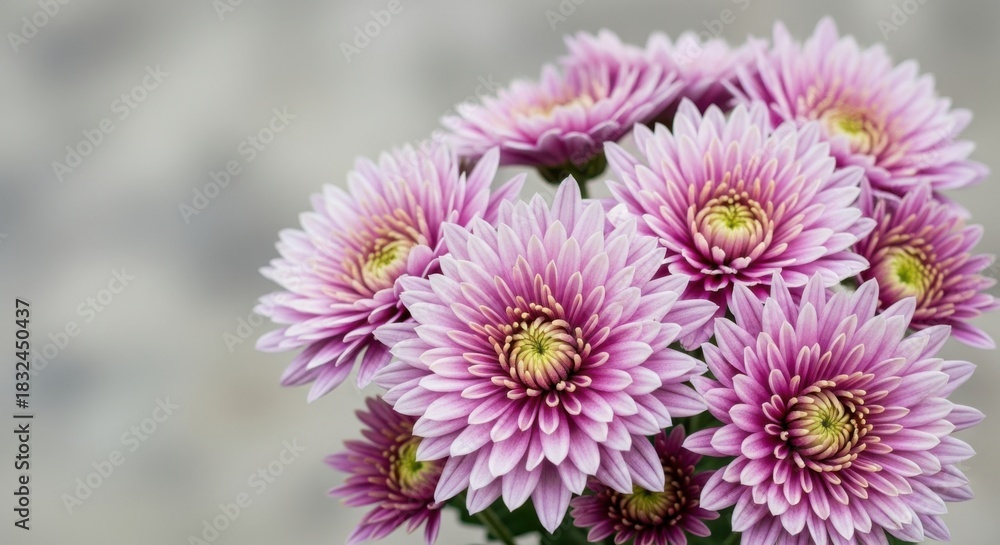 Fototapeta premium Close up of a bouquet of pink chrysanthemums with yellow centers