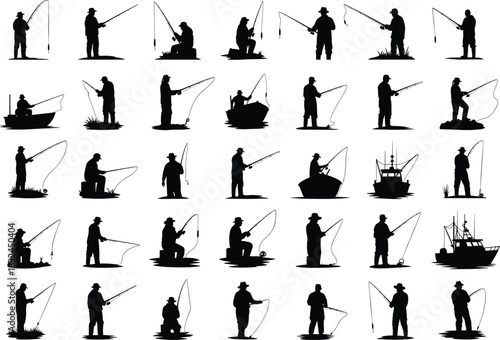 Fishing Silhouette Vector Set of Men, Boats, Rods, and Outdoor Scenes for Nature, Sport, Hobby, Adventure, and Illustration Use