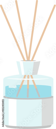 Vector illustration of a home fragrance reed diffuser with wooden sticks and blue aromatic oil isolated on a white background.