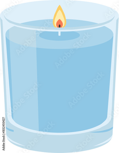 Blue scented wax candle burning with a bright flame in a clear glass holder isolated on a white background.