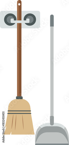 Classic wooden broom and metal dustpan cleaning set isolated on white.