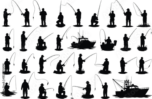 Fishing Silhouettes Collection of Men with Rods, Boats, and Outdoor Scenes for Sport, Hobby, Nature, and Adventure Vector Art