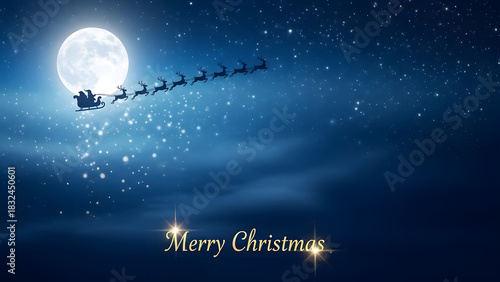 An enchanting Christmas Eve scene showing a silhouette of a sleigh and reindeer team soaring across a luminous full moon in a sparkling night sky