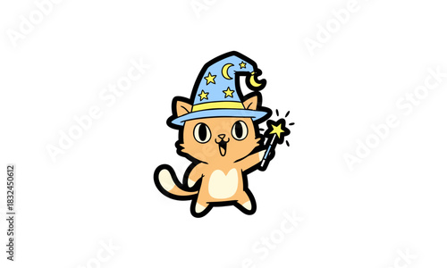 Adorable Cartoon Cat Wizard with Blue Hat and Magic Wand, Smiling Happily.