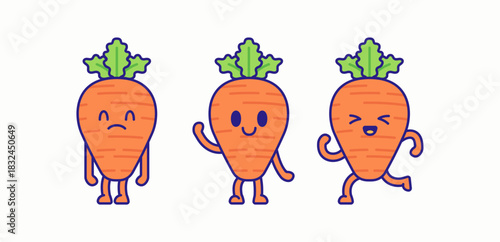 Three adorable carrot characters showing sad, happy, and excited expressions. Drawn in a simple cartoon style vector hand drawn illustration for vegetable icon, emoji or mascot