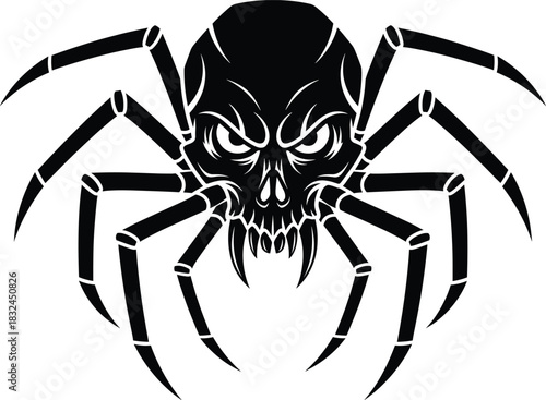 Scary spider skull illustration, dark horror concept, gothic design with deadly spider creature, Halloween tattoo and fantasy monster vector art.