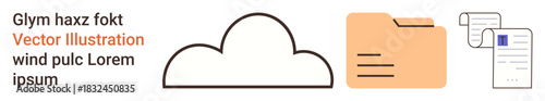 Cloud computing, file storage, digital organization, data backup, information management, document sharing. A cloud shape, folder and documents . Cloud computing and file storage concept