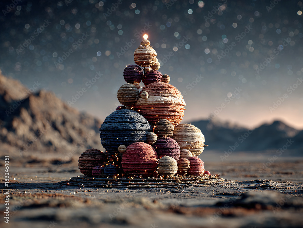 Obraz premium a Christmas tree, stacked arrangement of celestial bodies, including planets and stars, with a dark background that gives the scene a cosmic and otherworldly feel. 