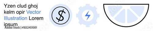 Finance, energy, technology, innovation, sustainability, branding. Currency sign in a circle, gear with a lightning bolt and a lemon slice. Finance and energy innovation design concept