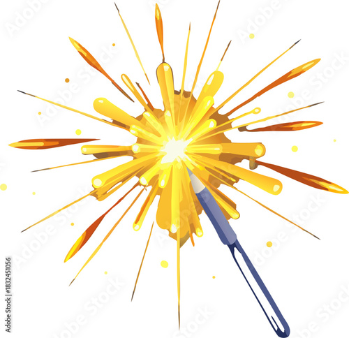 Golden Sparkler Burning Bright with Glowing Sparks on Dark Background