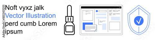 Cybersecurity, data protection, web development, user interface design, authentication, online safety. Display of UI elements, dropper and a shield. Cybersecurity and data protection concept