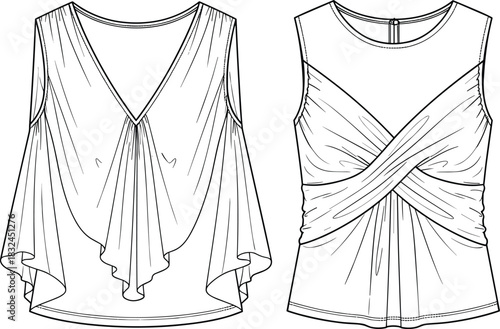 Women's sleeveless top fashion flat sketch vector illustration with dramatic V-neck drape front, twisted crossed back panels, and sheer fabric detail.