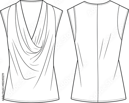 Women's sophisticated cowl neck top fashion flat sketch vector illustration with sleeveless design, drape detail, and back seam line.