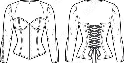 PrintCorset top sketch, fashion illustration, puff sleeve, lace-up back, technical drawing, garment design, black white outline, structured silhouette