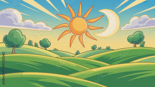 Colorful vector landscape illustration with rolling green hills bright sun crescent moon clouds and trees creating a countryside scene for seasonal backgrounds wallpapers and nature themed designs