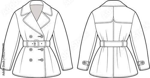 PrintDouble-Breasted Trench Coat Technical Drawing, Belted Jacket Vector Flat Sketch, Women's Outerwear Apparel Design Template, Outline