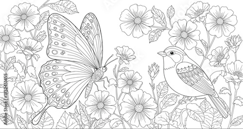 PrintDetailed Butterfly, Bird, and Flower Line Art, Nature Coloring Page for Adults, Spring Summer Garden Vector Sketch