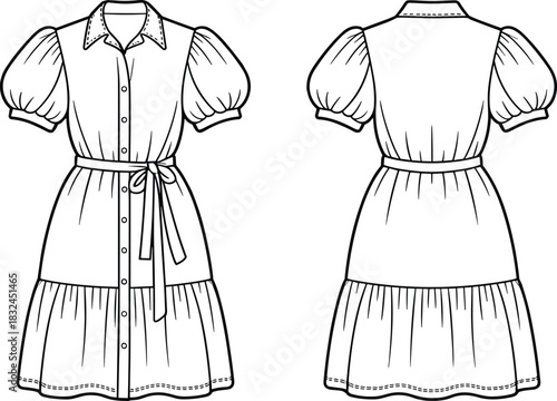 PrintFashion dress sketch, technical illustration, puff sleeve, tiered skirt, waist belt, button front, garment design, black white outline