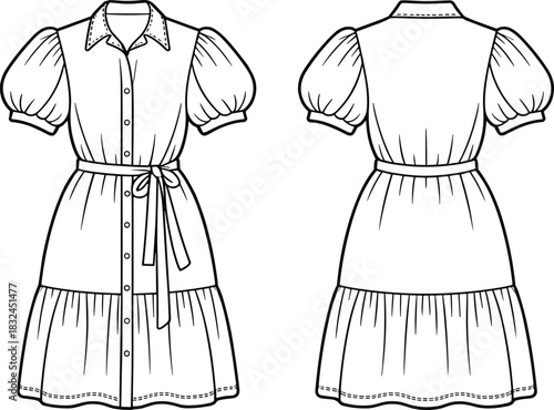 PrintFashion dress sketch, technical illustration, puff sleeve, tiered skirt, waist belt, button front, garment design, black white outline