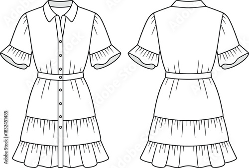 PrintFashion dress sketch, technical illustration, puff sleeve, tiered skirt, waist belt, button front, garment design, black white outline