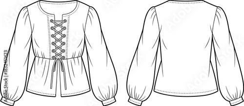 PrintPeasant Blouse Technical Drawing, Lace-Up Front Tie Top Vector Flat Sketch, Women's Apparel Design Template, Outline