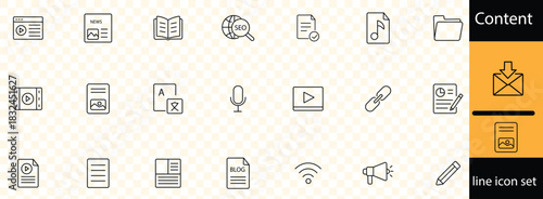 Content production related icons set including writing, filming, editing, publishing, camera, microphone, and creative process. Editable stroke icons perfect for media and marketing. 
