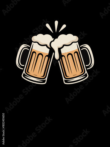 Vector illustration of clinking beer mugs with frothy foam in a festive cheers design isolated on a dark background for pub branding oktoberfest party invitations and beverage themed graphics