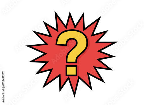 Red Starburst With Yellow Question Mark Symbol Against Black Background Simple Graphic Design