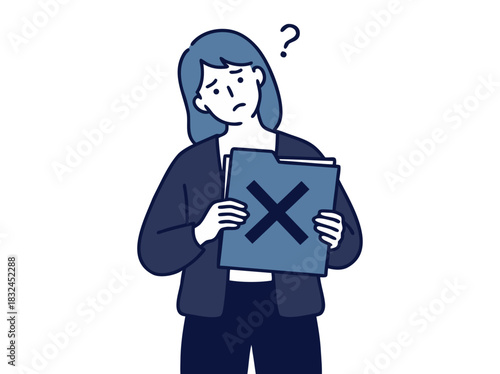 Confused Woman Holding Folder With X Mark Vector Illustration Showing Disagreement or Error On Black Background