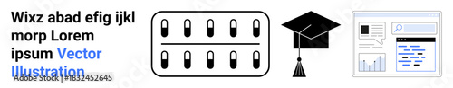 Education, healthcare, data analysis, pharmaceutical research, online learning, statistical studies. Graduation cap, pill blister pack and digital analytics report. Education and healthcare concepts