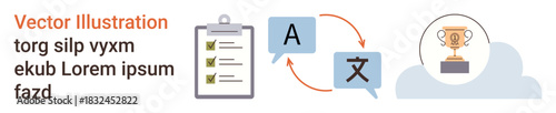 Project management, teamwork, translation, success, communication, workflow. A checklist, translation arrows and a trophy icon. Project management and teamwork concept