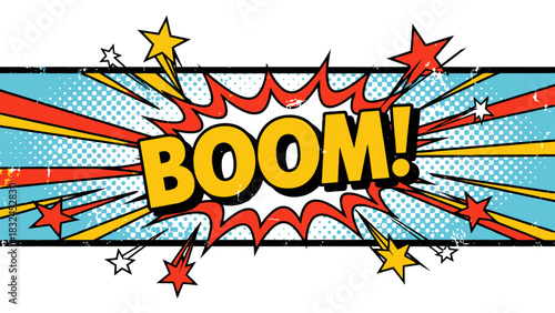 BOOM comic sound effect explosion with colorful burst, fun pop art graphic ideal for comics, ads, and playful visual content