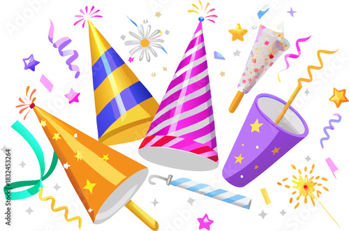 New Year Party Favors Vector Icon Set Celebration Elements