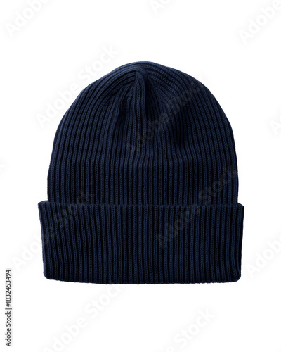 Navy blue knit beanie with ribbed texture and folded brim on transparent background