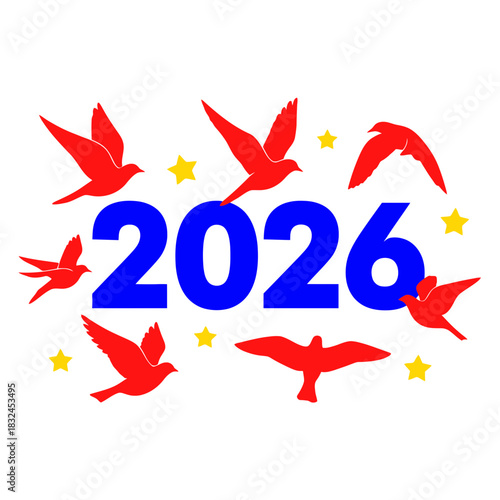 Flying birds forming 2026, freedom, new beginnings, hope and positive future outlook illustration