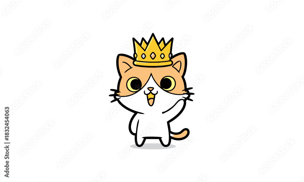 Fototapeta premium A cute cartoon ginger cat king wearing a golden crown, standing and waving with a happy expression.