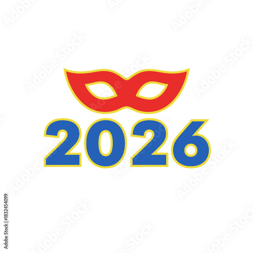 Masquerade-themed 2026 typography with carnival mask, perfect for festivals, mystery events, and glamorous New Year parties