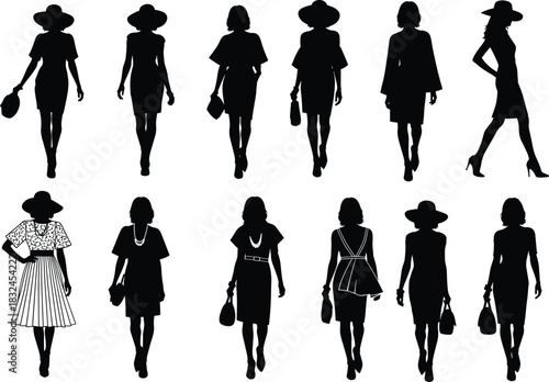 Elegant fashion silhouettes of stylish women walking with handbags, showcasing diverse outfits, hats, and accessories for modern design inspiration.