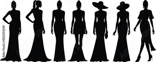 Elegant fashion silhouettes of women in long dresses, stylish poses, hats, and hairstyles for beauty, modeling, design, and illustration themes.