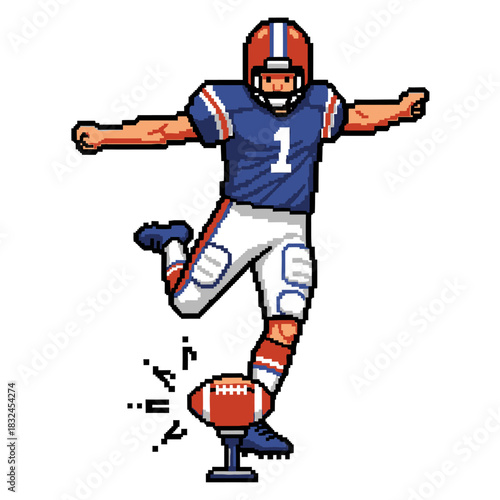 Retro 8-bit pixel art illustration of an American football player in uniform kicking a ball from a tee for a field goal