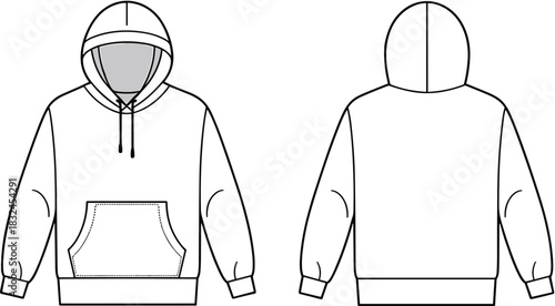 Hooded sweatshirt technical sketch, front and back view, drawstring hood, kangaroo pocket, ribbed cuffs, fashion flat, apparel design